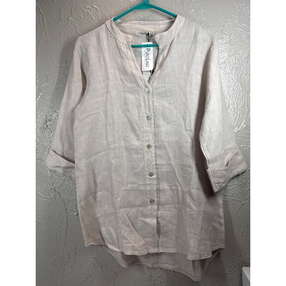 LUNGO L'ARNO Button Up Women's Beige V-Neck Cuff Sleeve 100% Linen Size Large - Picture 1 of 4